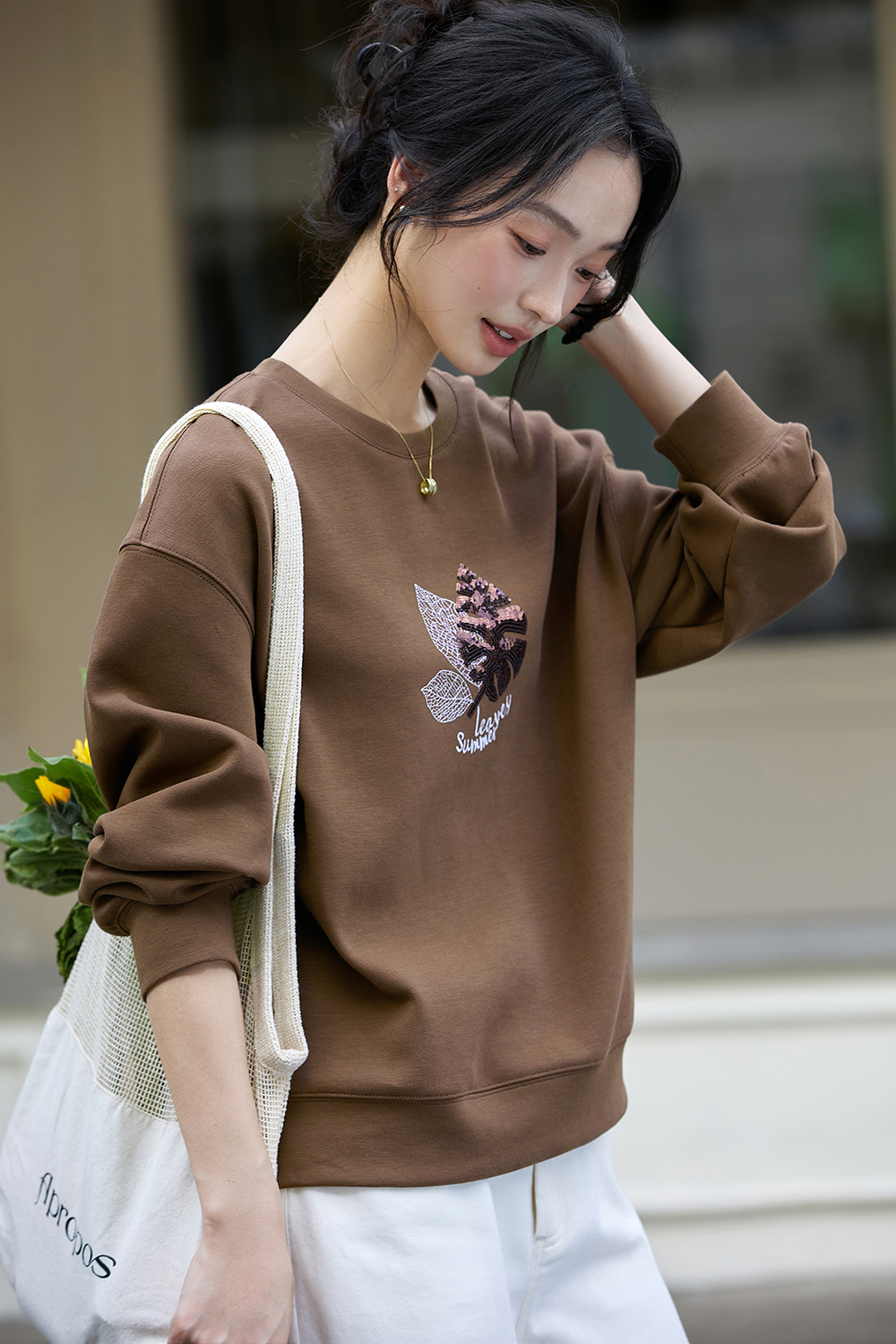 Elegant Slimming Embroidered Sequin Round Neck Long Sleeve Sweatshirt-VIMLYSTORE
