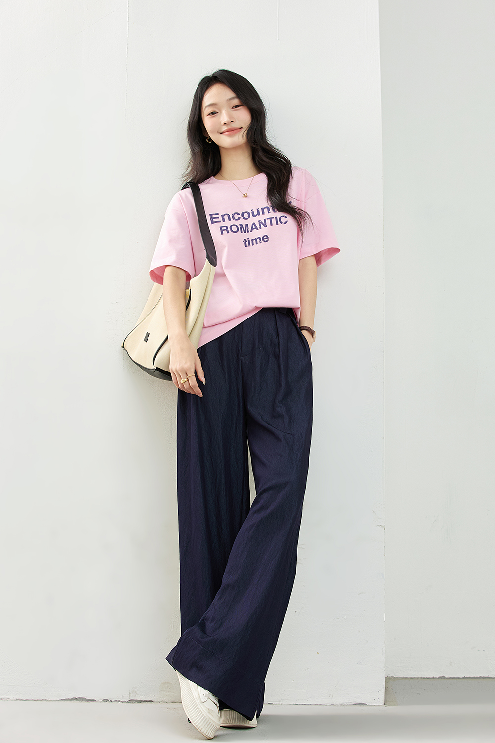 Navy Elastic-Waist Lightweight Wide-Leg Pants-VIMLYSTORE