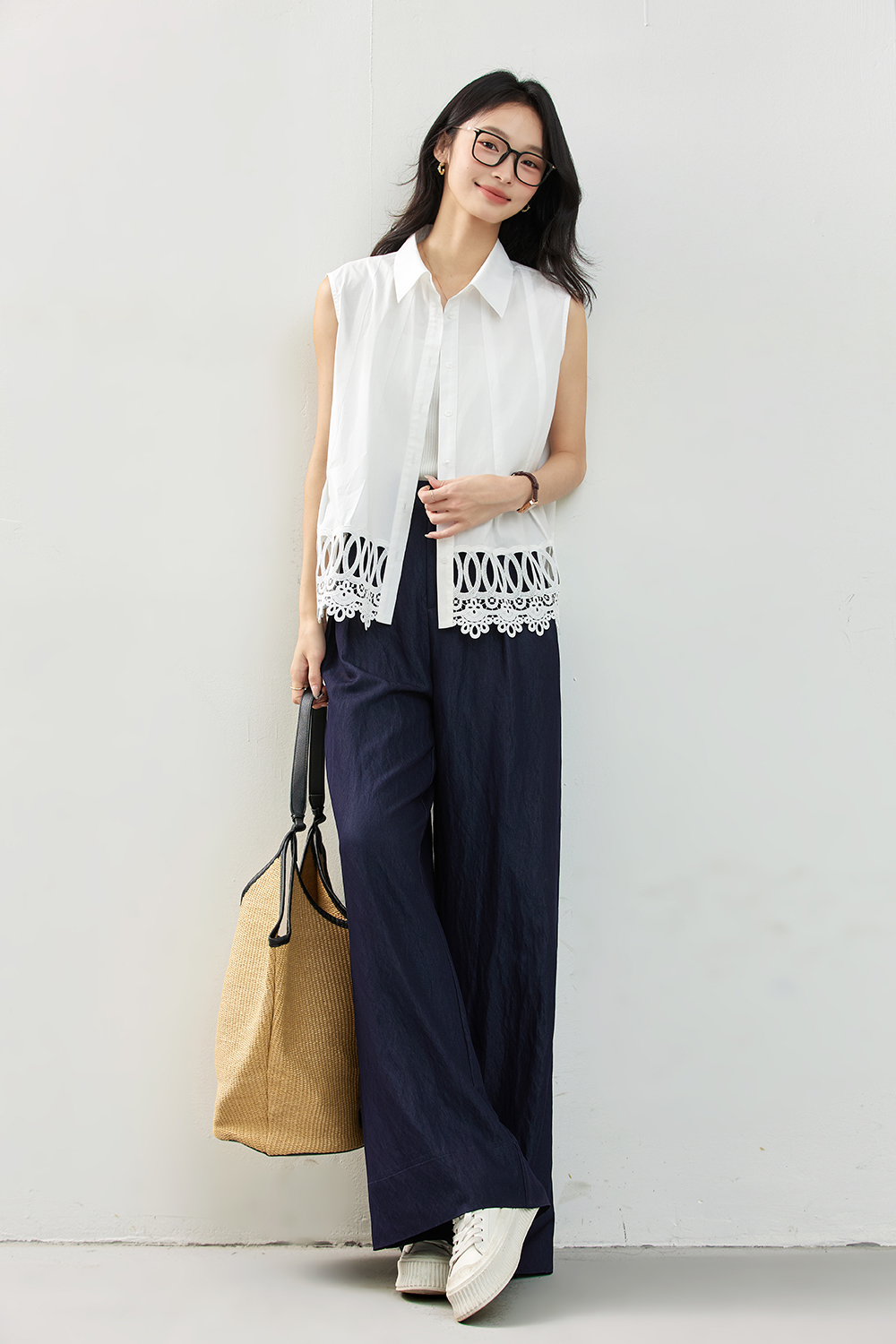 Navy Elastic-Waist Lightweight Wide-Leg Pants-VIMLYSTORE