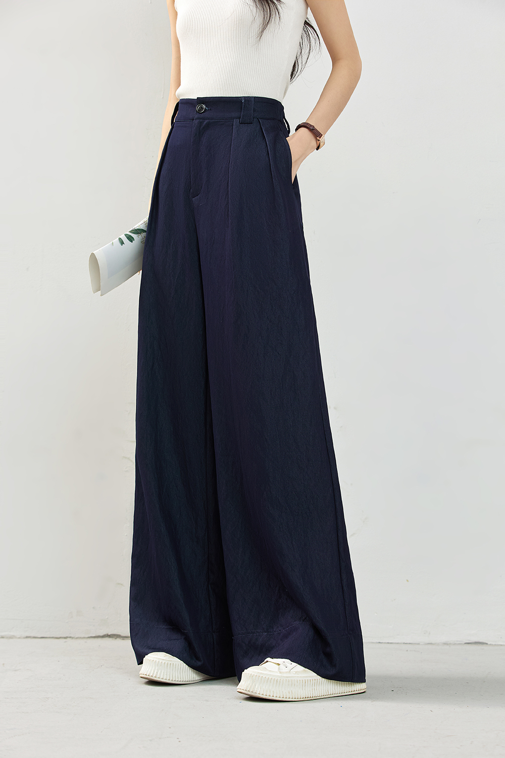 Navy Elastic-Waist Lightweight Wide-Leg Pants-VIMLYSTORE