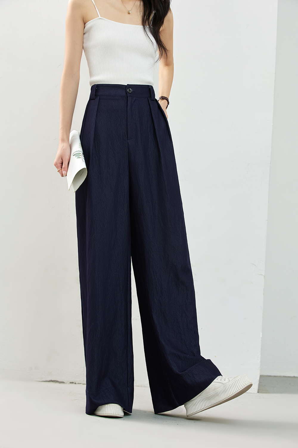 Navy Elastic-Waist Lightweight Wide-Leg Pants-VIMLYSTORE