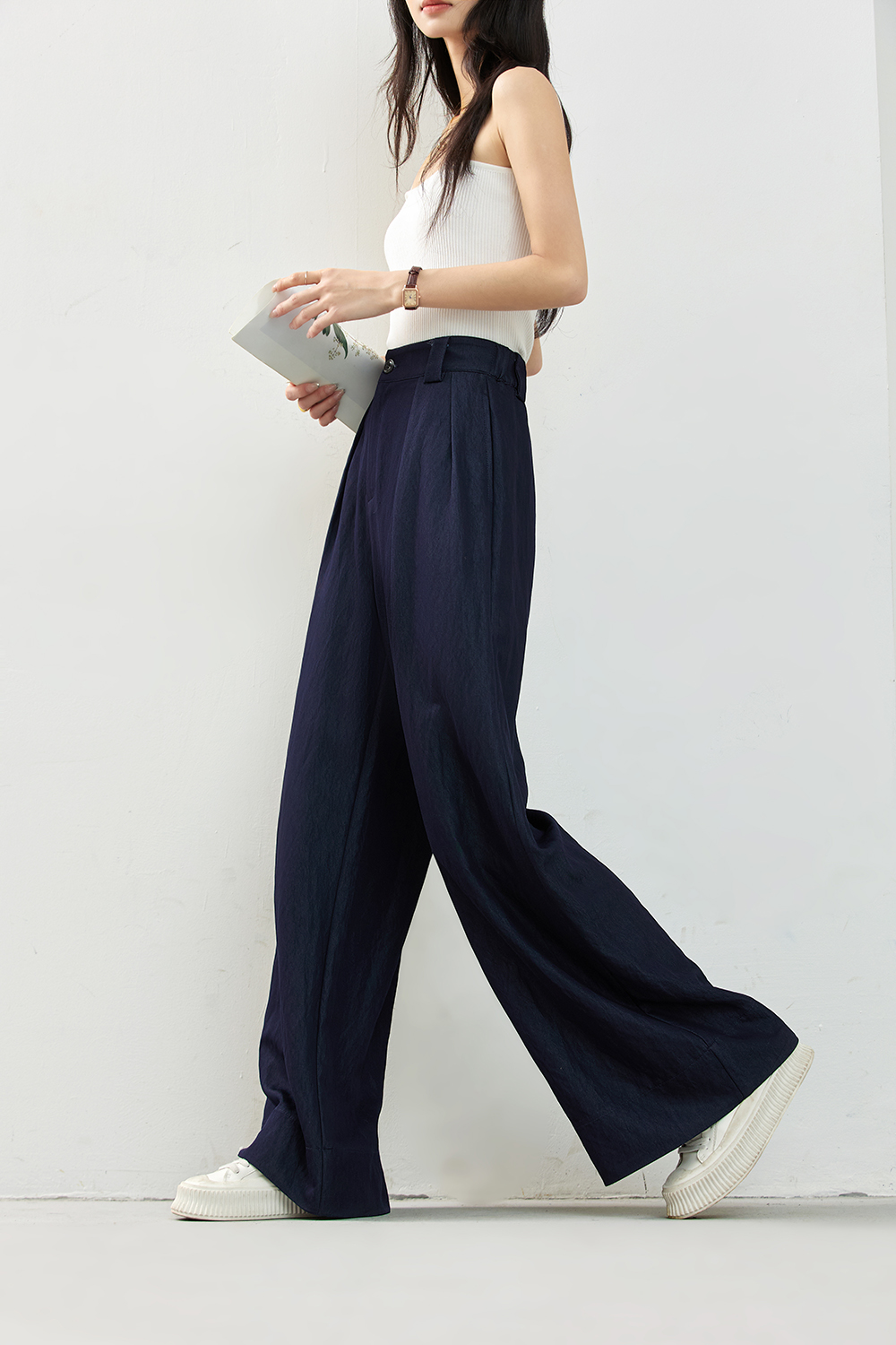 Navy Elastic-Waist Lightweight Wide-Leg Pants-VIMLYSTORE