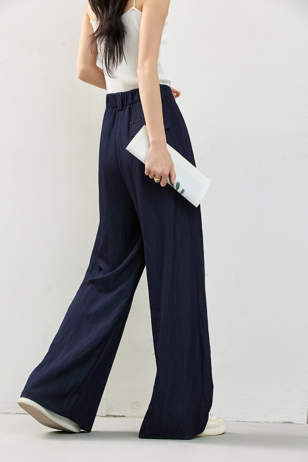 Navy Elastic-Waist Lightweight Wide-Leg Pants-VIMLYSTORE