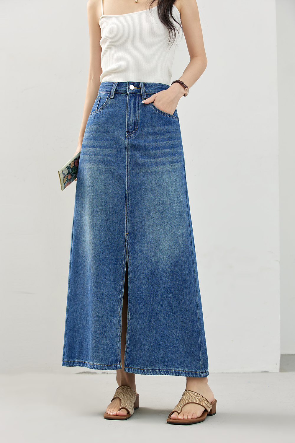 High-Waist A-Line Denim Skirt with Retro Slit Detail-VIMLYSTORE