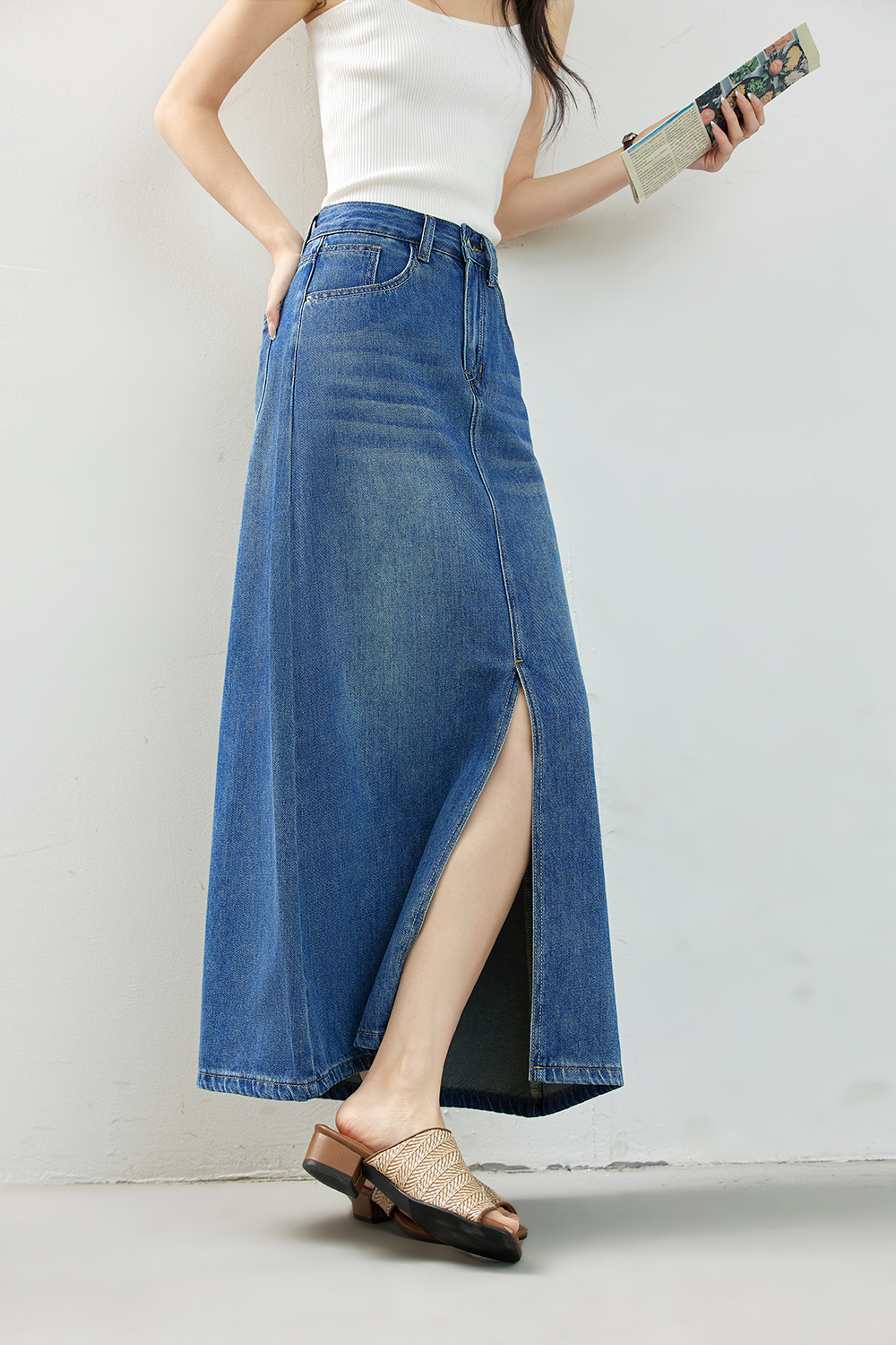 High-Waist A-Line Denim Skirt with Retro Slit Detail-VIMLYSTORE