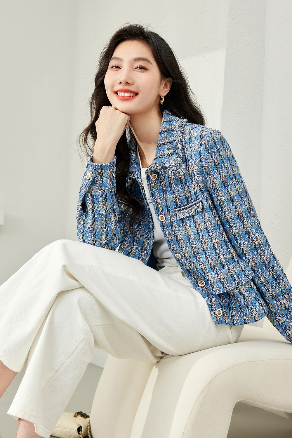 Lapel Blended Checkered Jacket-VIMLYSTORE