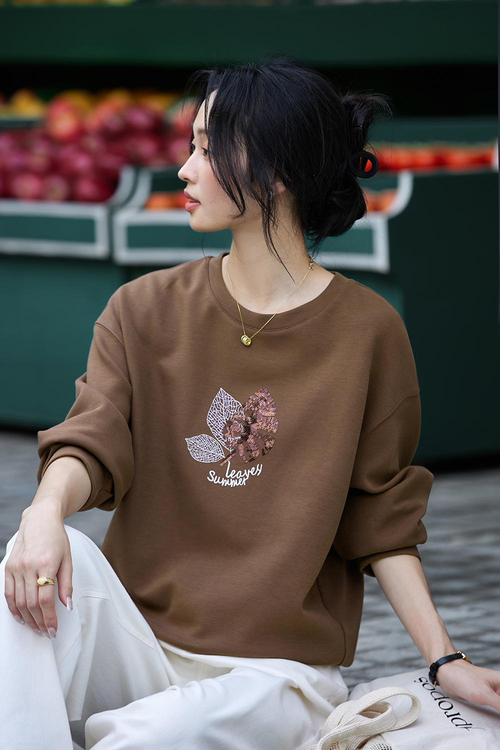 Elegant Slimming Embroidered Sequin Round Neck Long Sleeve Sweatshirt-VIMLYSTORE