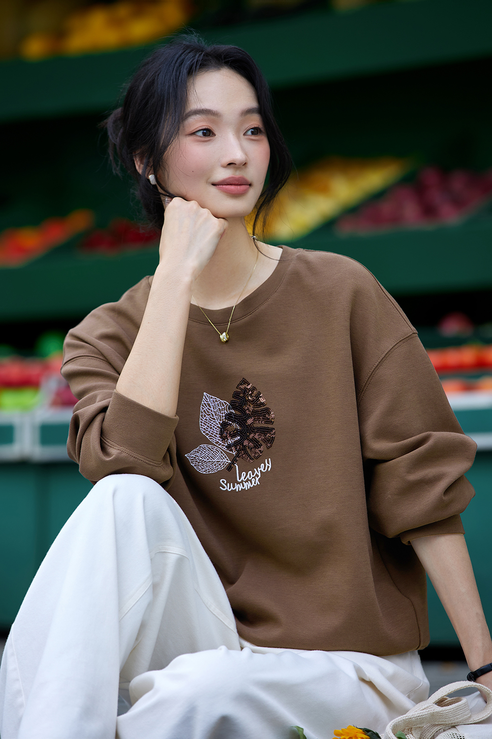 Elegant Slimming Embroidered Sequin Round Neck Long Sleeve Sweatshirt-VIMLYSTORE