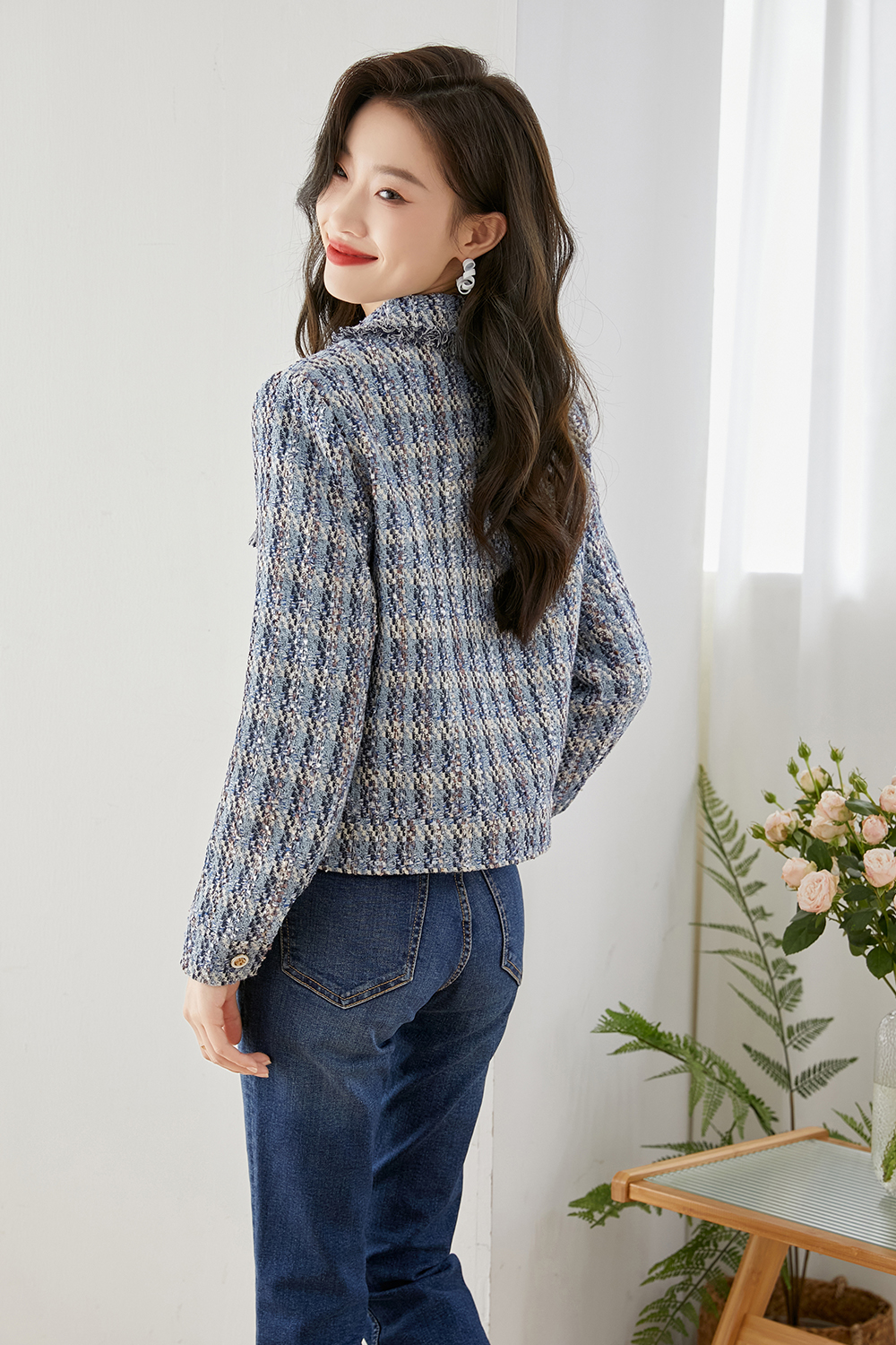 Lapel Blended Checkered Jacket-VIMLYSTORE