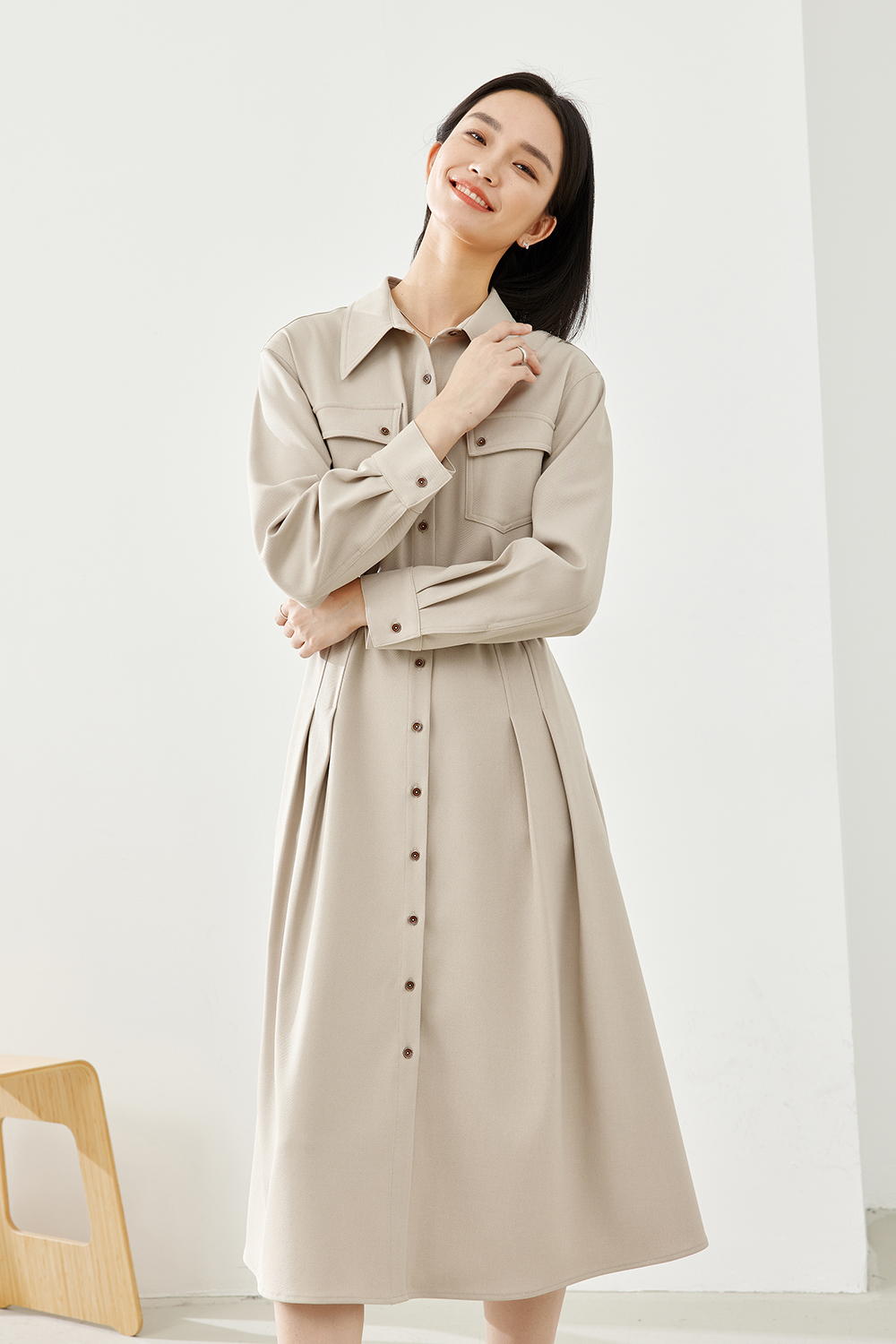 Turn-down Collar Cinched Waist Dress