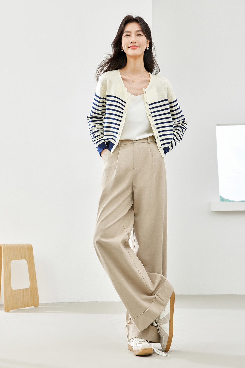 Apricot Blue Striped Knit Cardigan