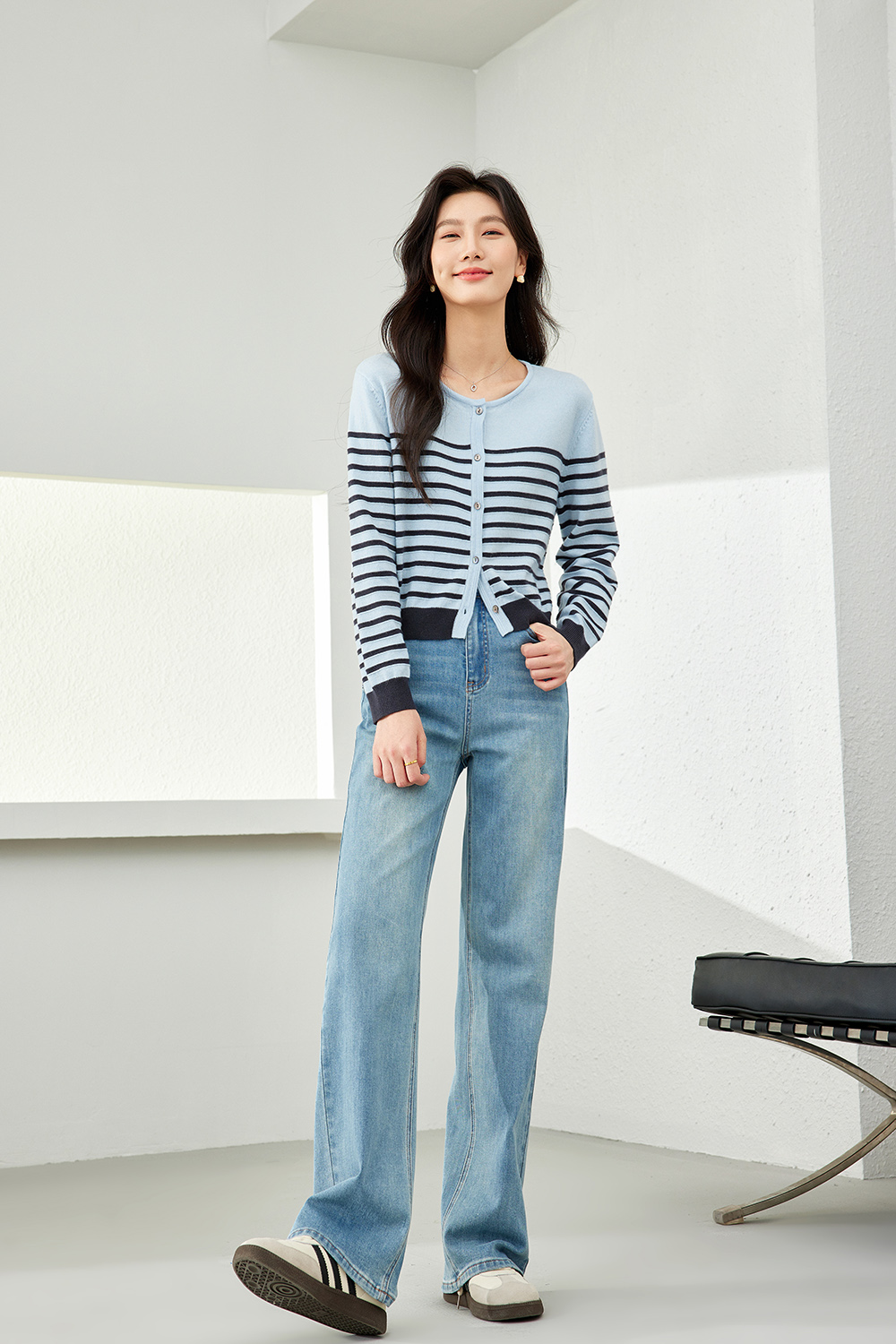 Apricot Blue Striped Knit Cardigan-VIMLYSTORE