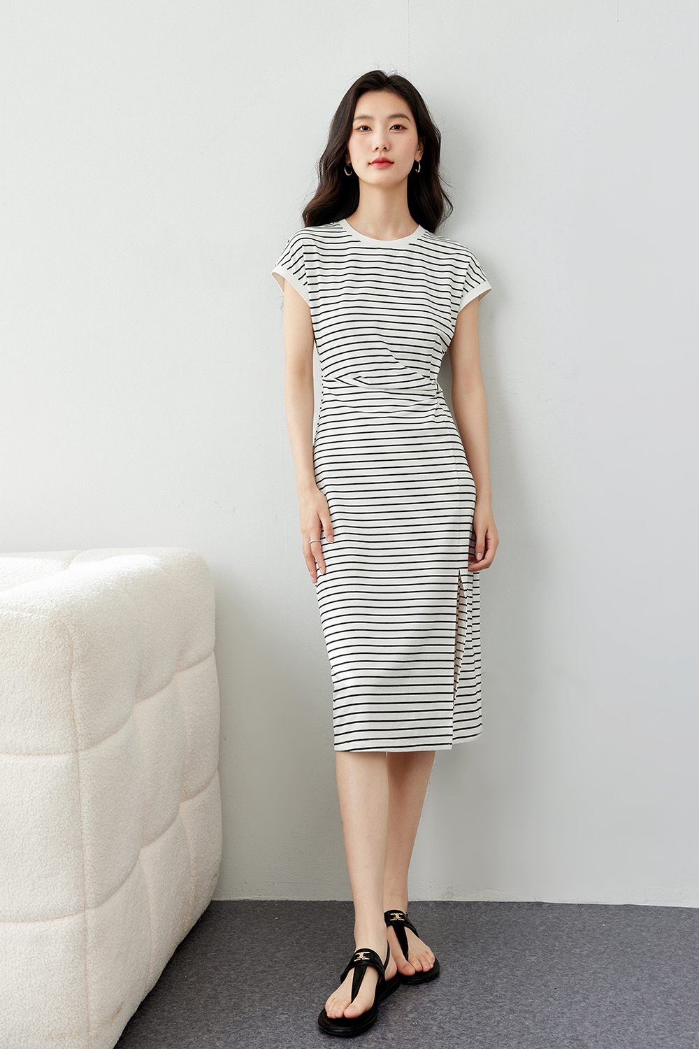 Pleated Cinched Waist Dress