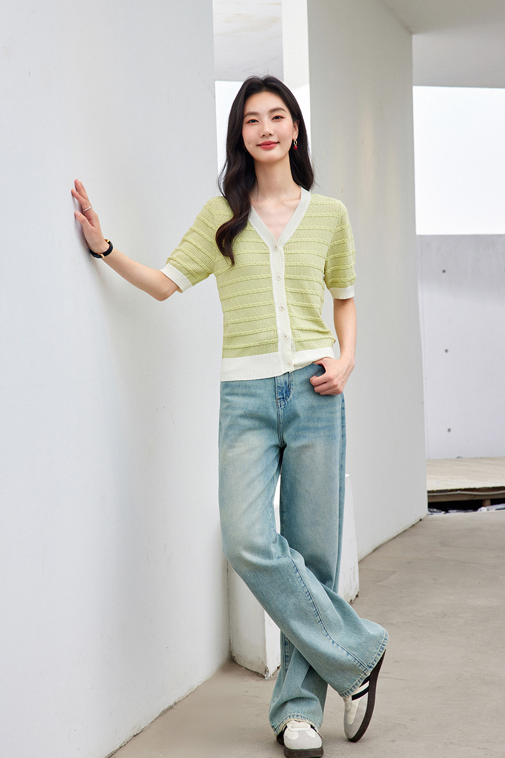 Color-Block French Textured Knit Cardigan
