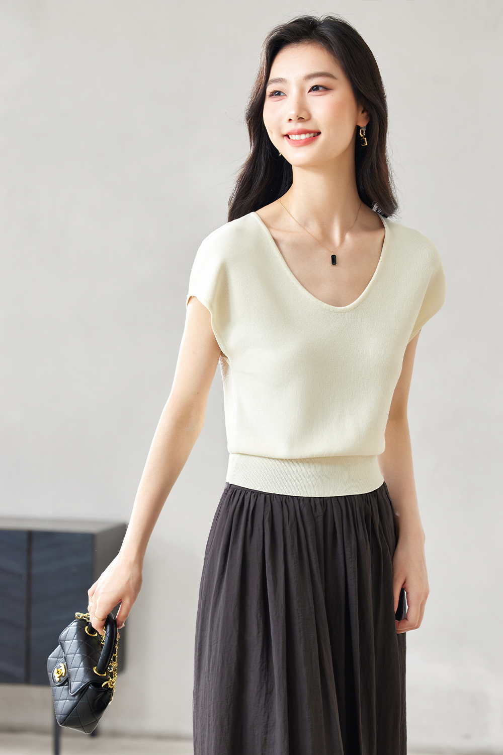 Waist-Cinched Hollowed-Out Knitted Sweater