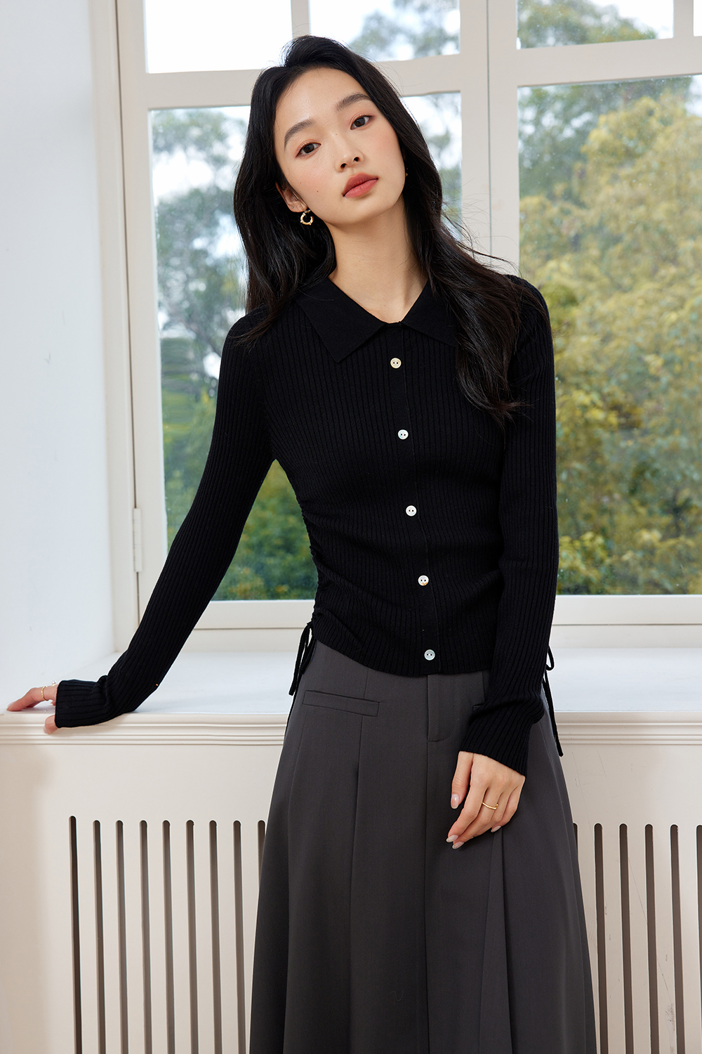 Polo Collar Textured Knitted Sweater