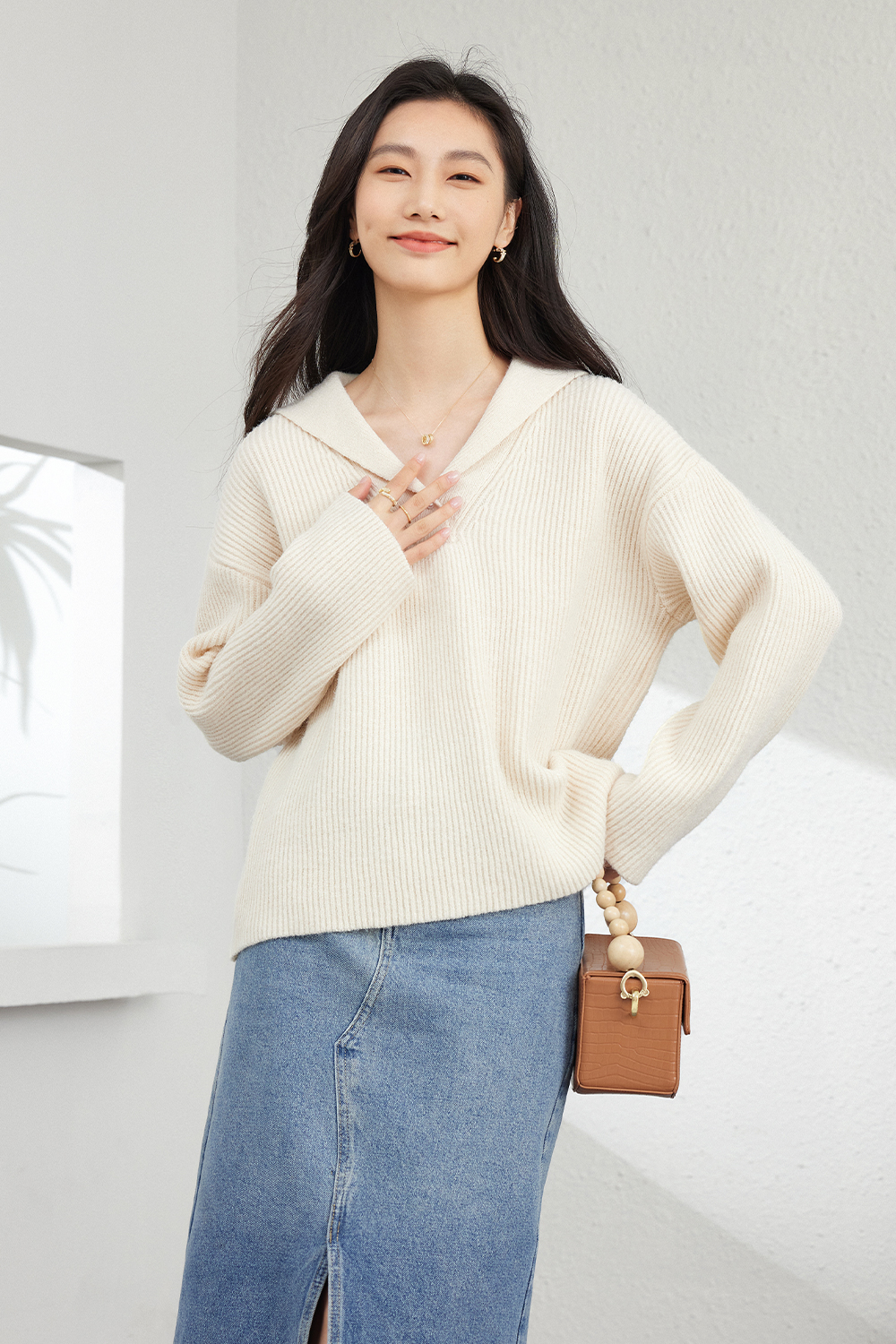 Simple large lapel knitted sweater-VIMLYSTORE