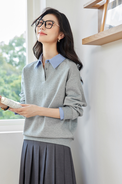 School Style Spliced Lapel Sweatshirt