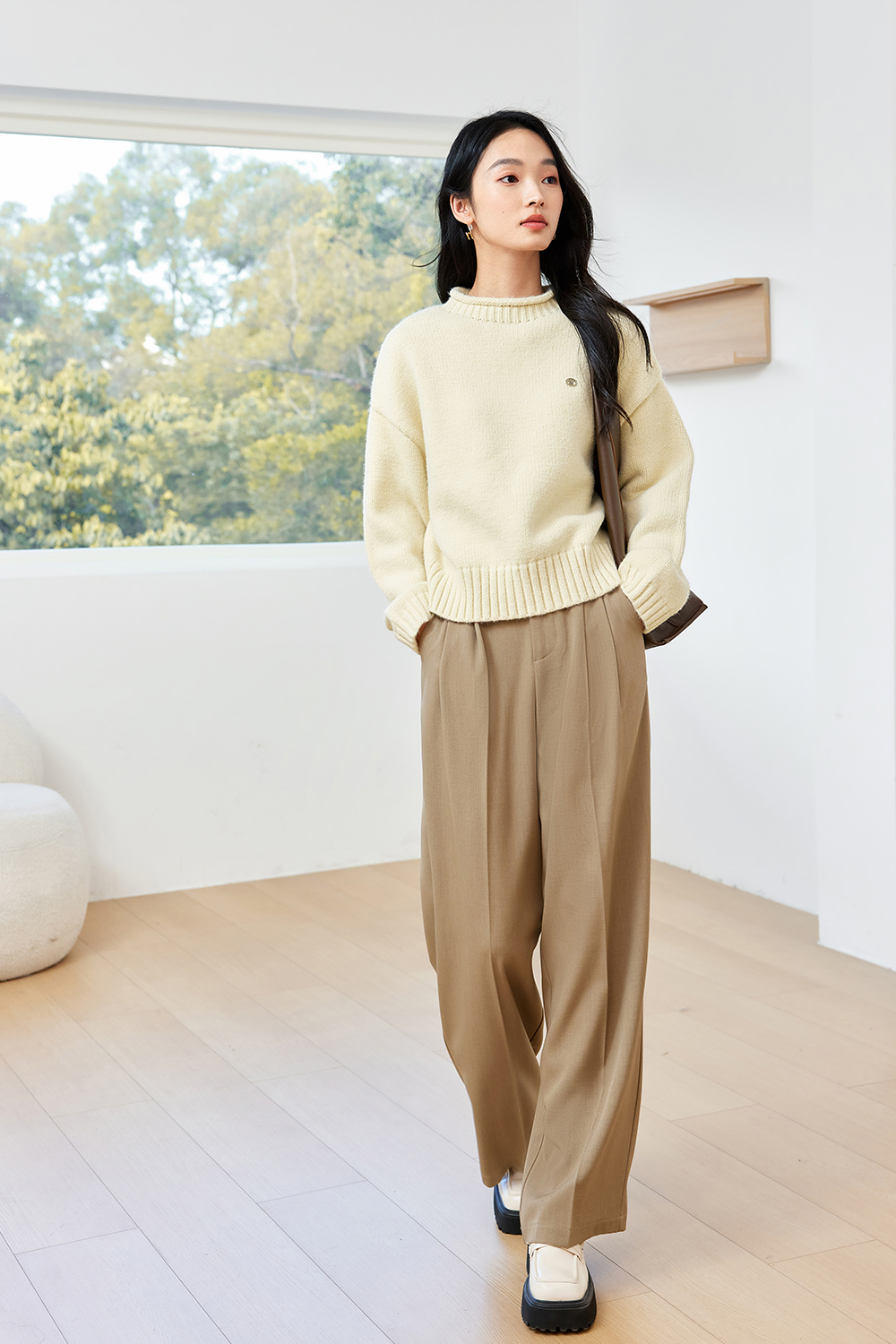 Rolled Hem Semi-High Neck Knitted Sweater-VIMLYSTORE