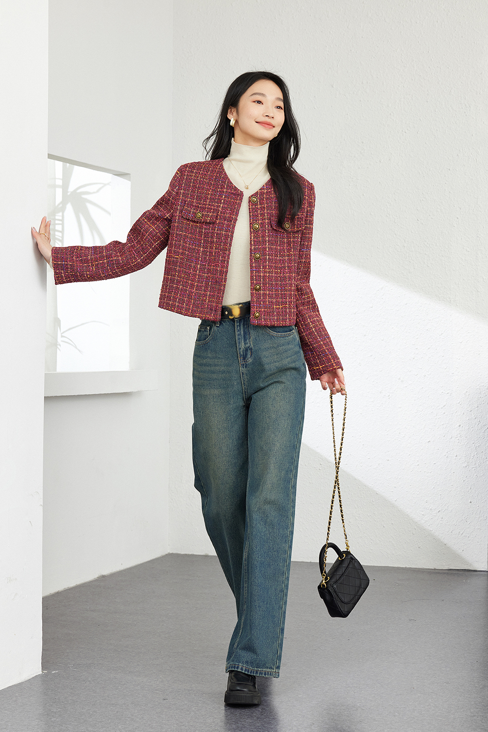Fashionable Retro Red Check Short Jacket