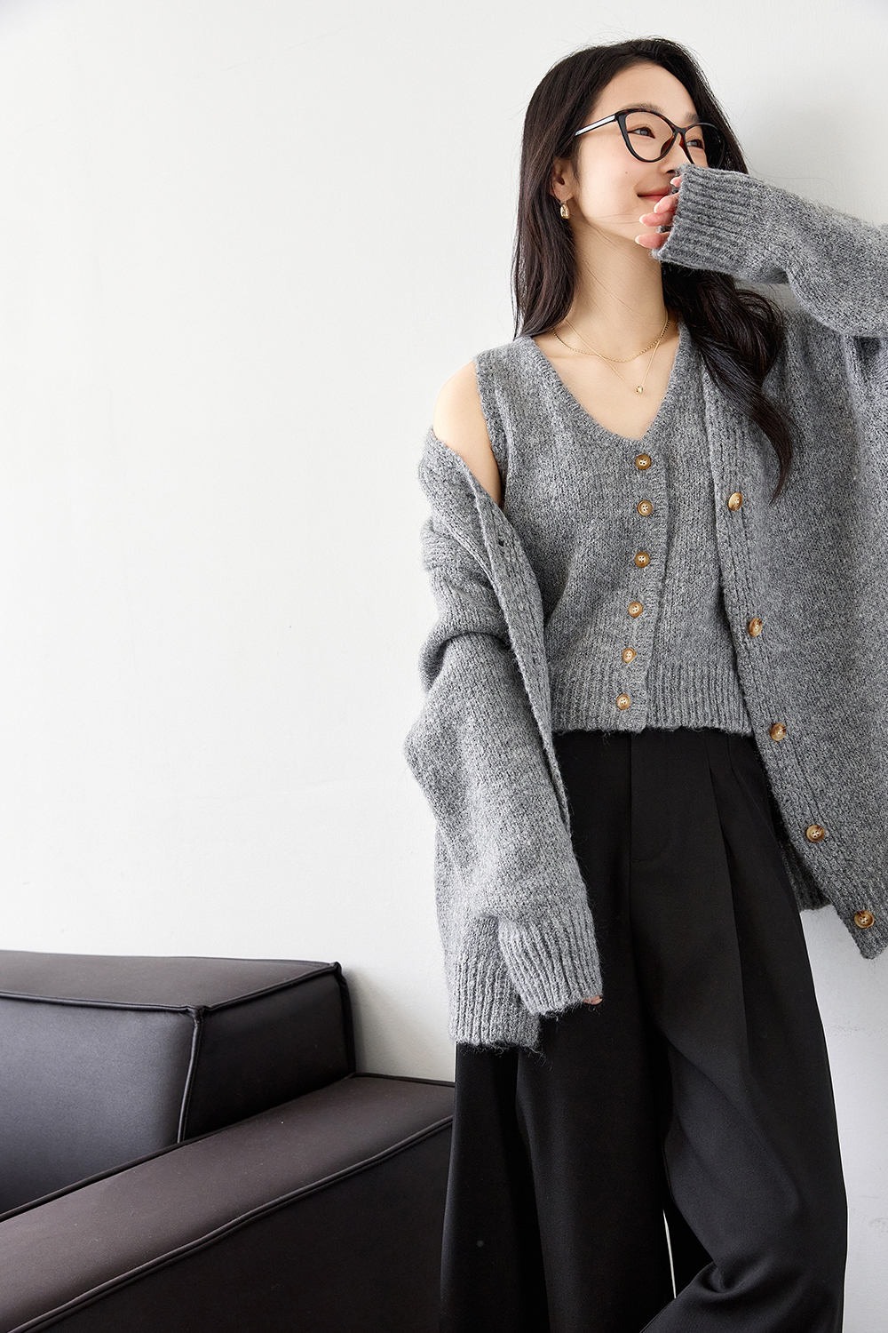 Wool Blend Knitted Top Two-Piece Set