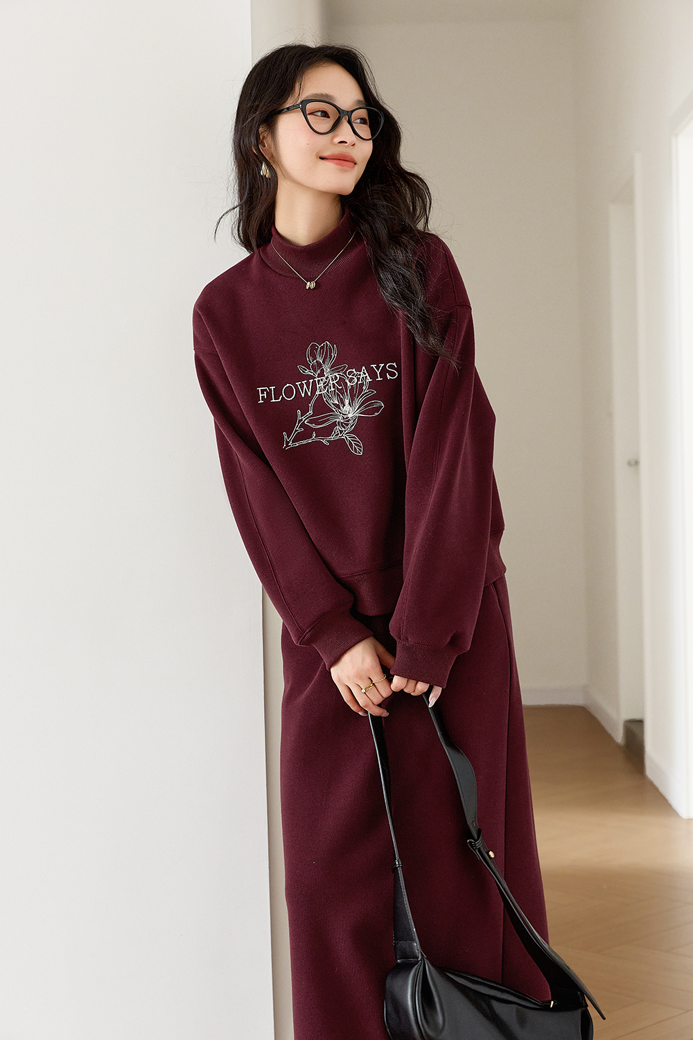 Semi-High Neck Printed Sweatshirt Set-VIMLYSTORE