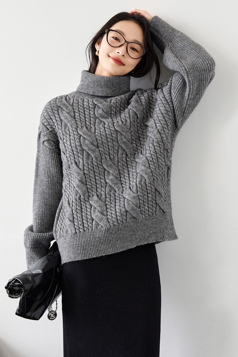 High neck cable design knitted sweater-VIMLYSTORE