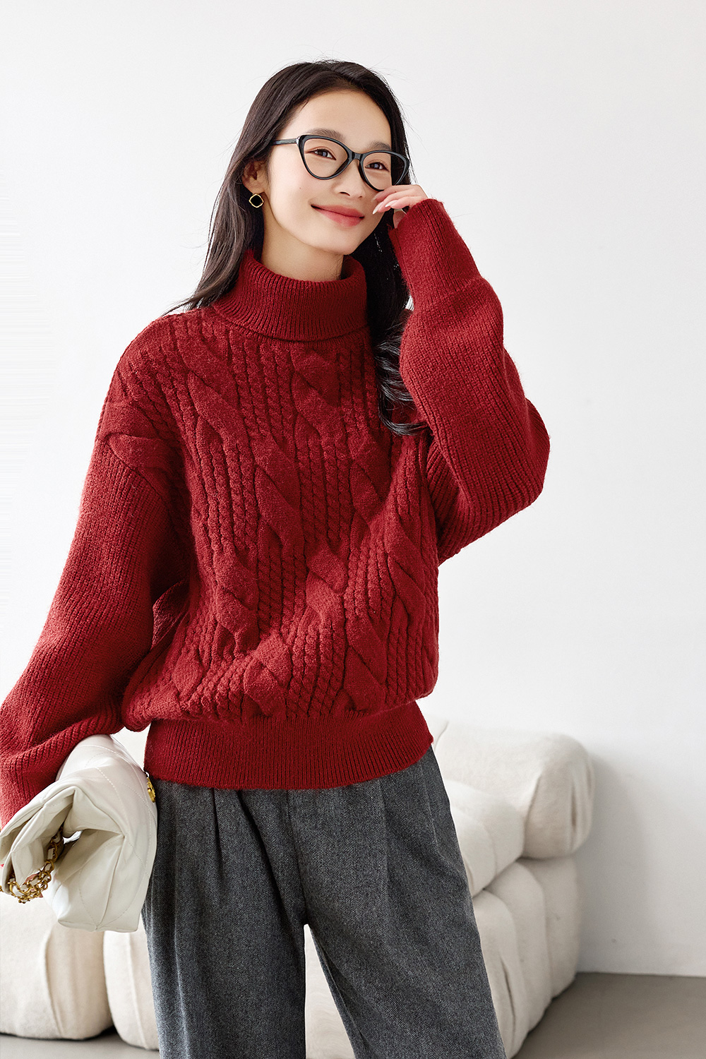 High neck cable design knitted sweater-VIMLYSTORE