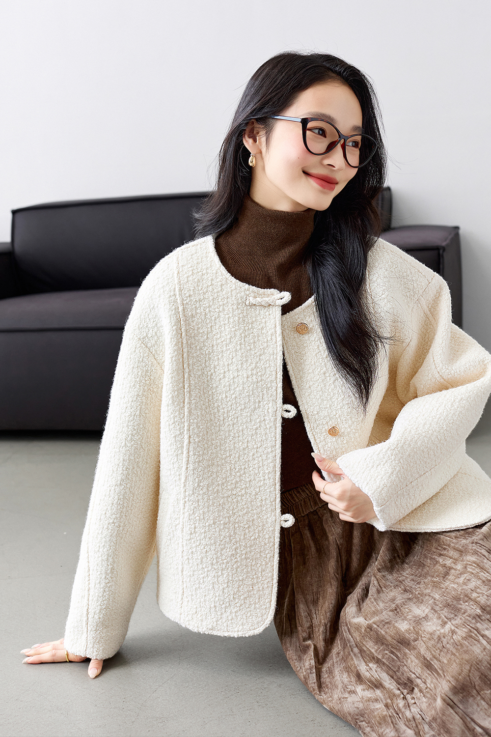 Buttoned Design Tweed Short-length Coat-VIMLYSTORE