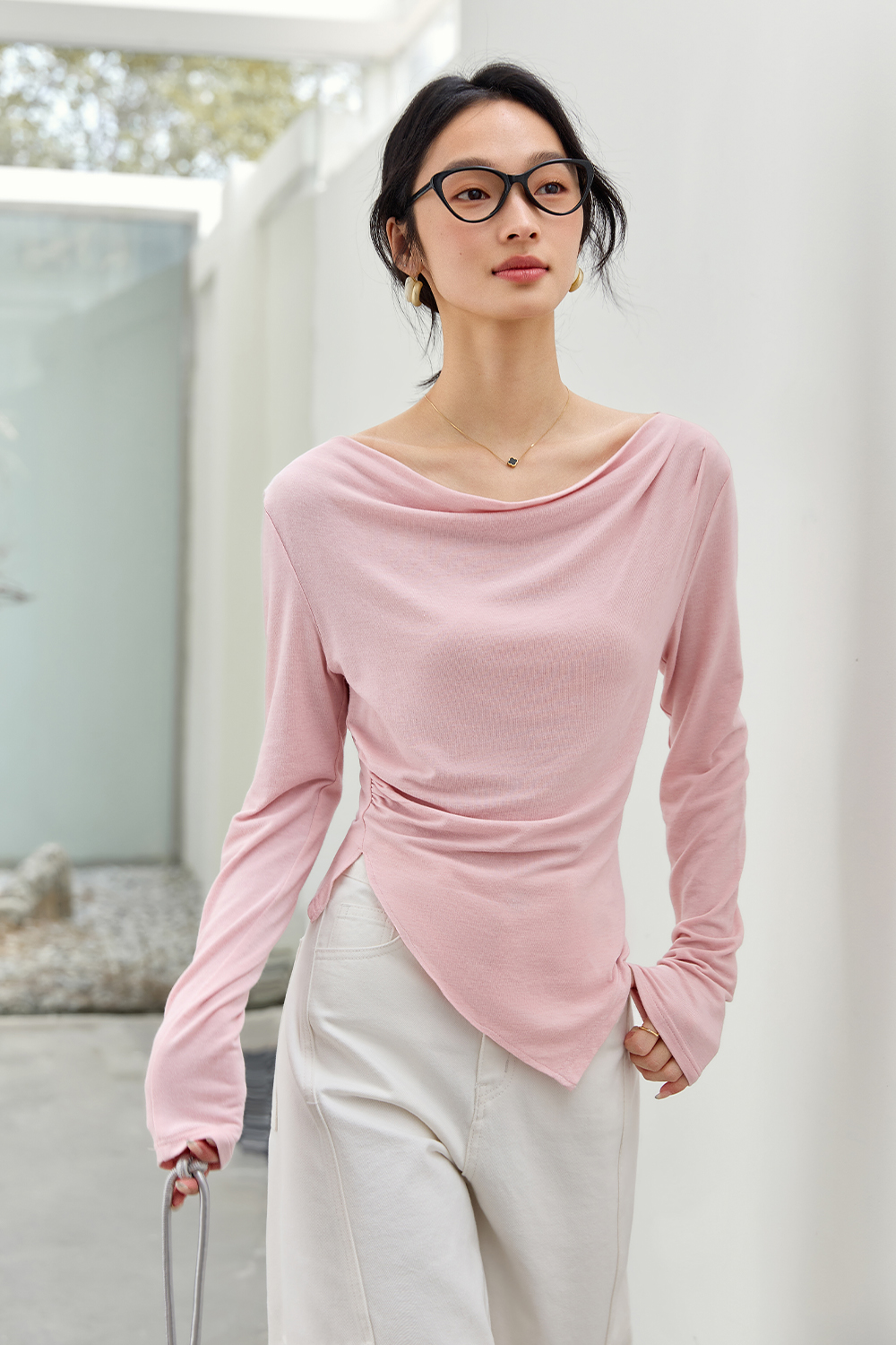 Natural Pleated Solid Color T-Shirt-VIMLYSTORE