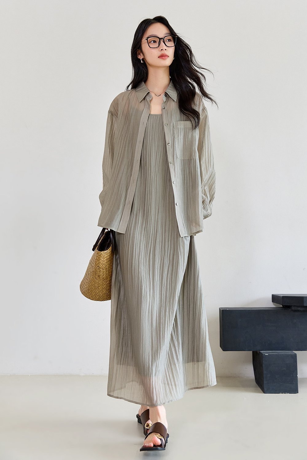 Tea Color Pleated Set