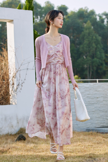 Knitted Cardigan And Floral Long Skirt Combination