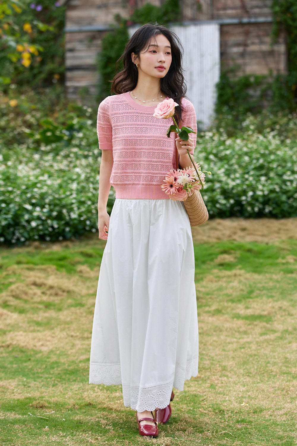 Lace-Edged White Long Skirt