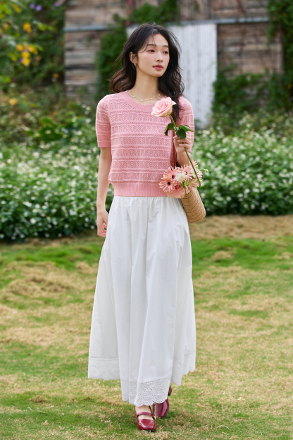 Lace-Edged White Long Skirt