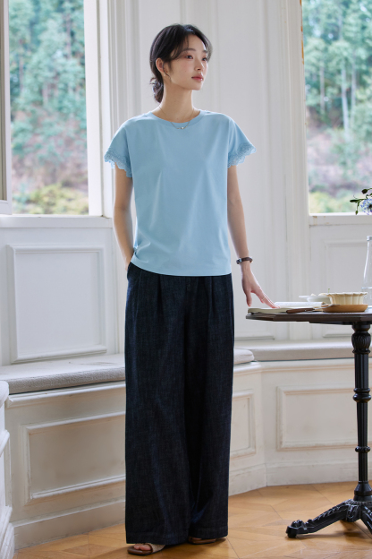 Lace Decoration Solid Color T-Shirt