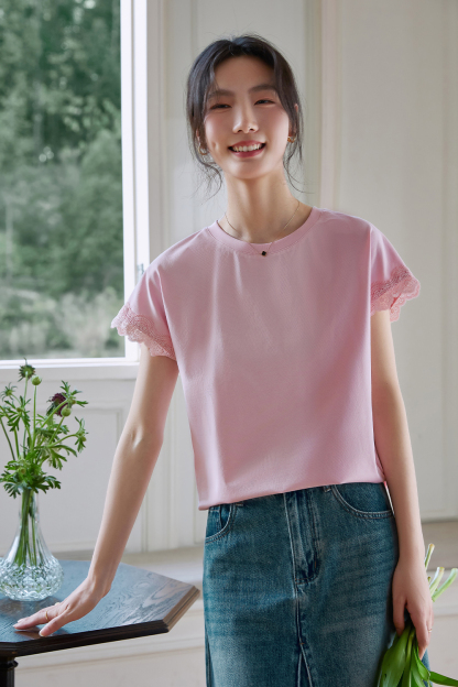 Lace Decoration Solid Color T-Shirt