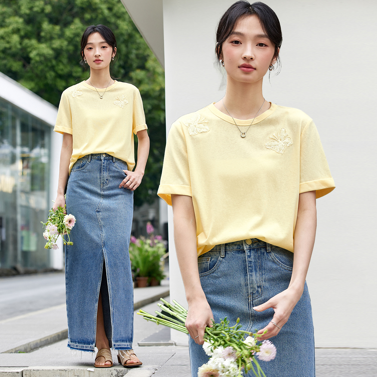Lace Butterfly Solid Color T-Shirt