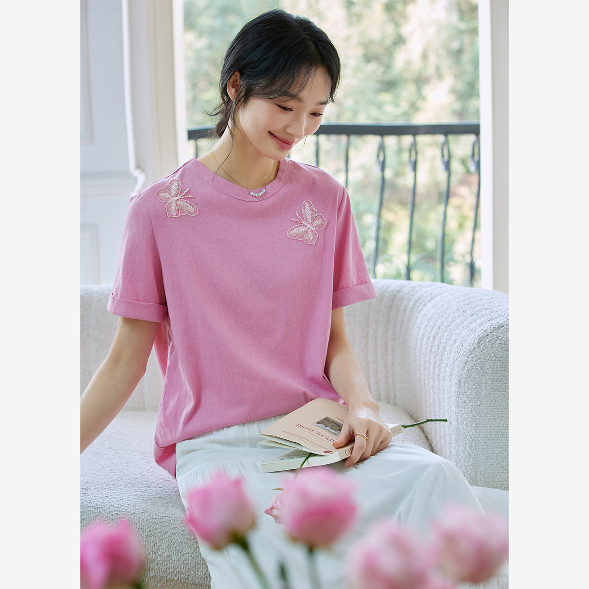 Lace Butterfly Solid Color T-Shirt