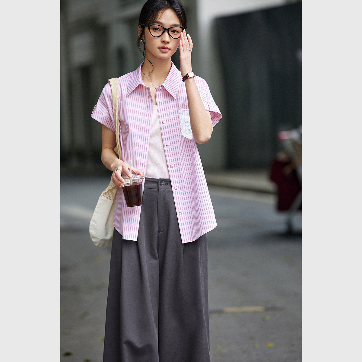 Lace Pocket Striped Shirt