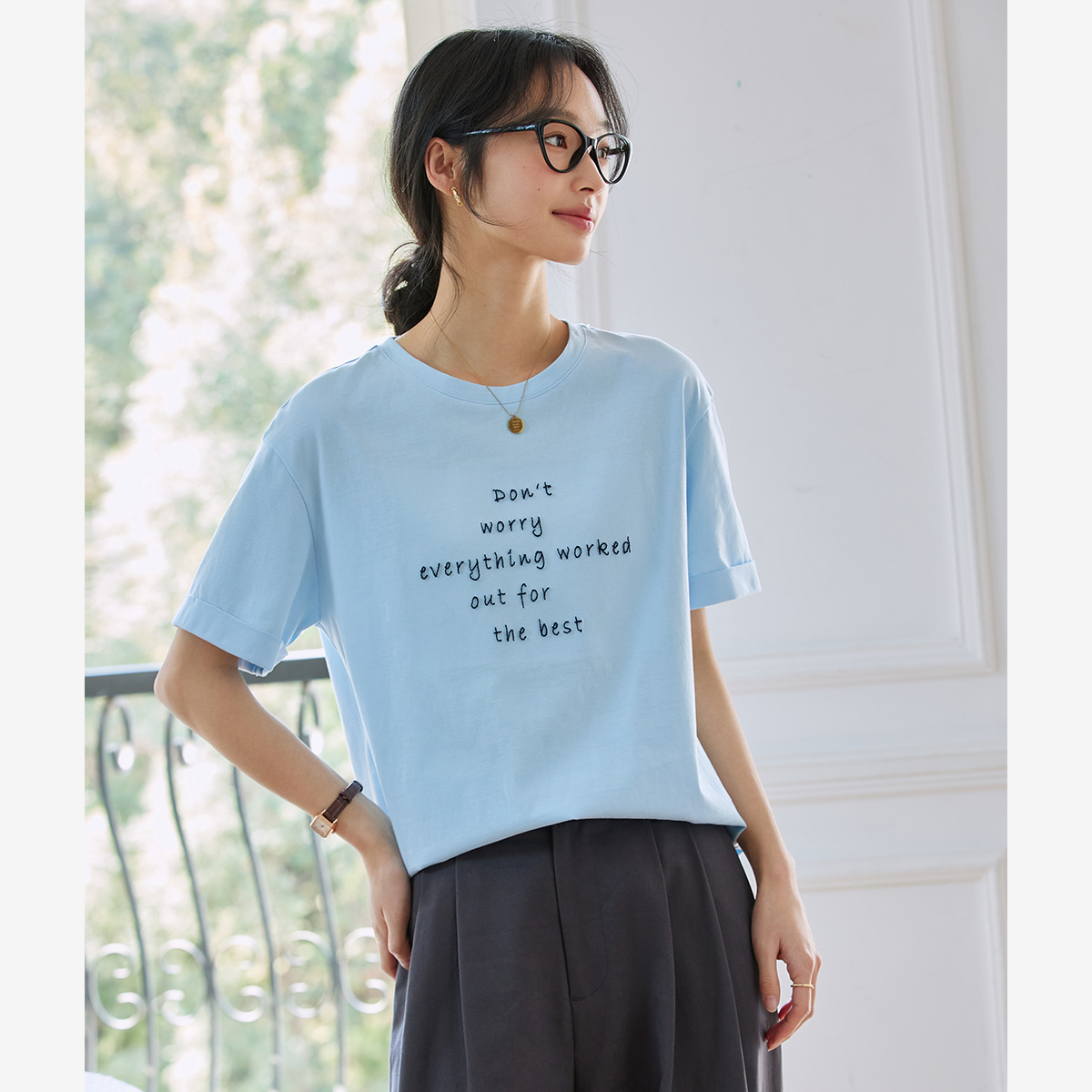 Letter Embroidered Round Neck T-Shirt