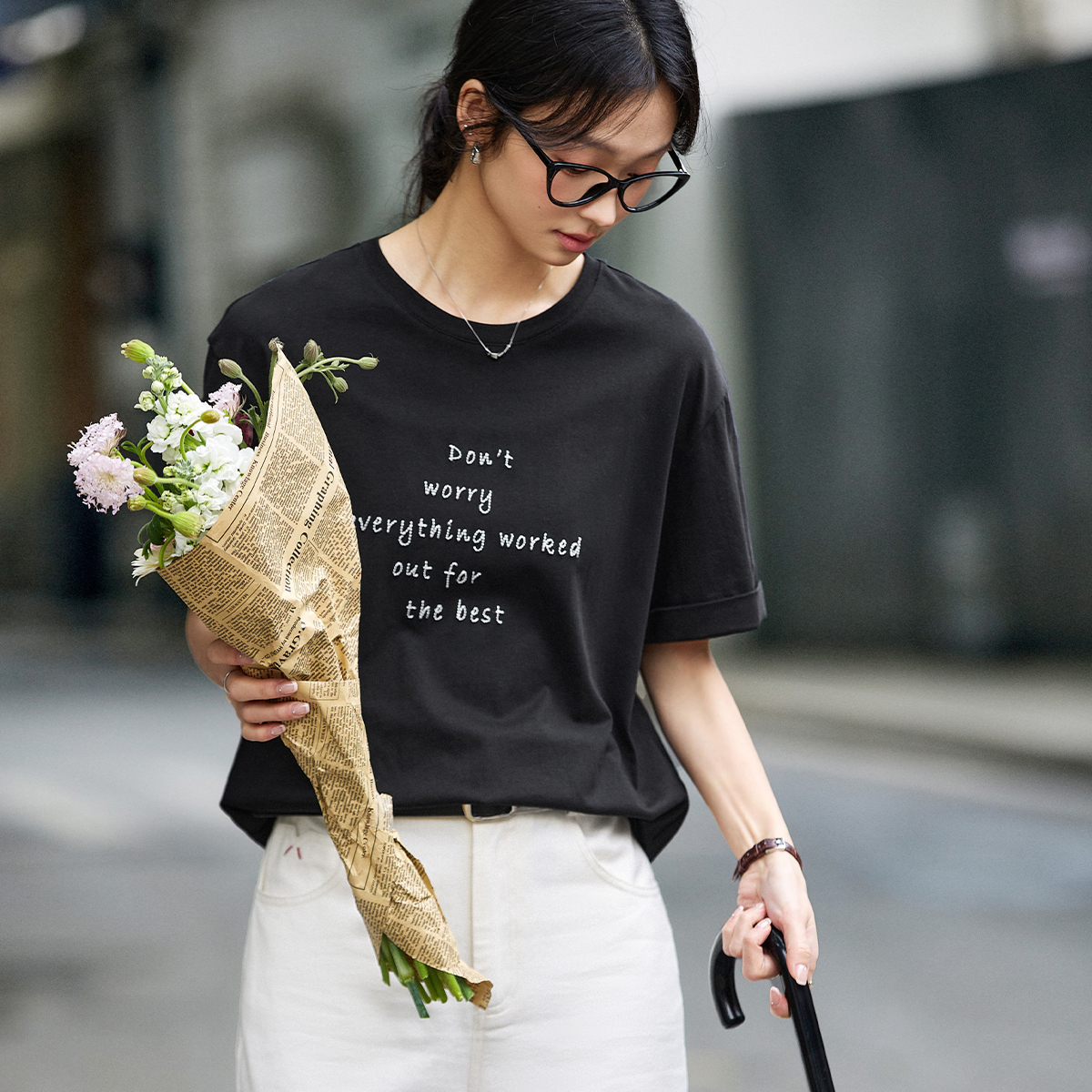 Letter Embroidered Round Neck T-Shirt