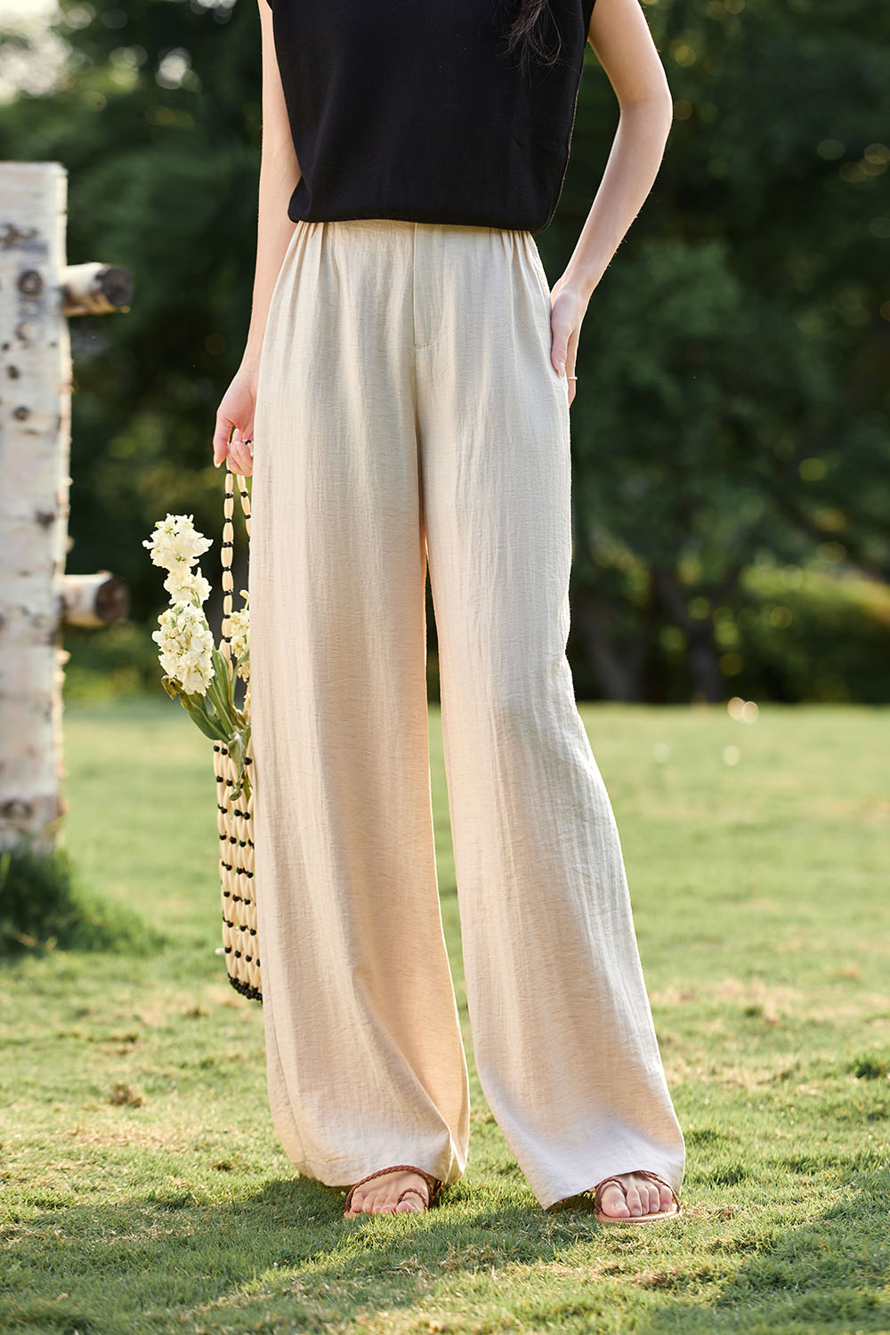 Linen Blend Solid Color Wide-Leg Pants-VIMLYSTORE
