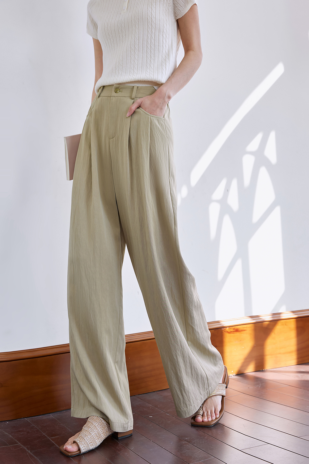 Woven Mid-Waist Casual Wide-Leg Pants