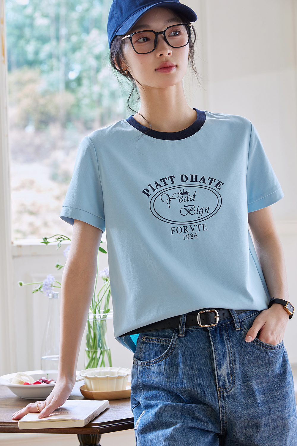 Round Neck Printed Decorative Straight T-Shirt