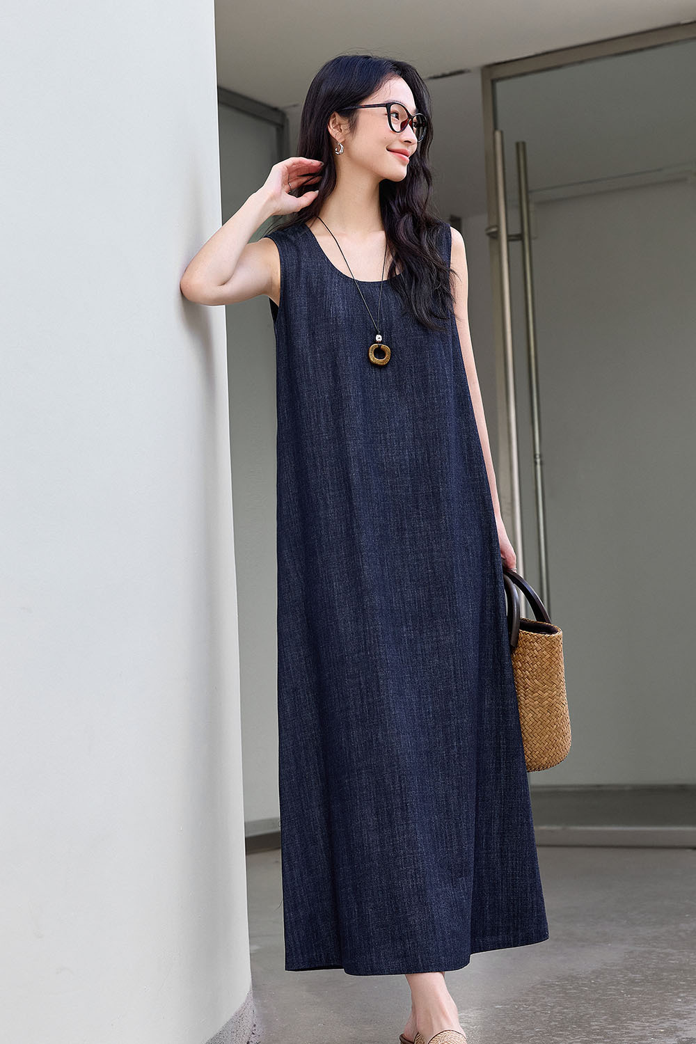 100% Cotton U-Neck Denim Dress