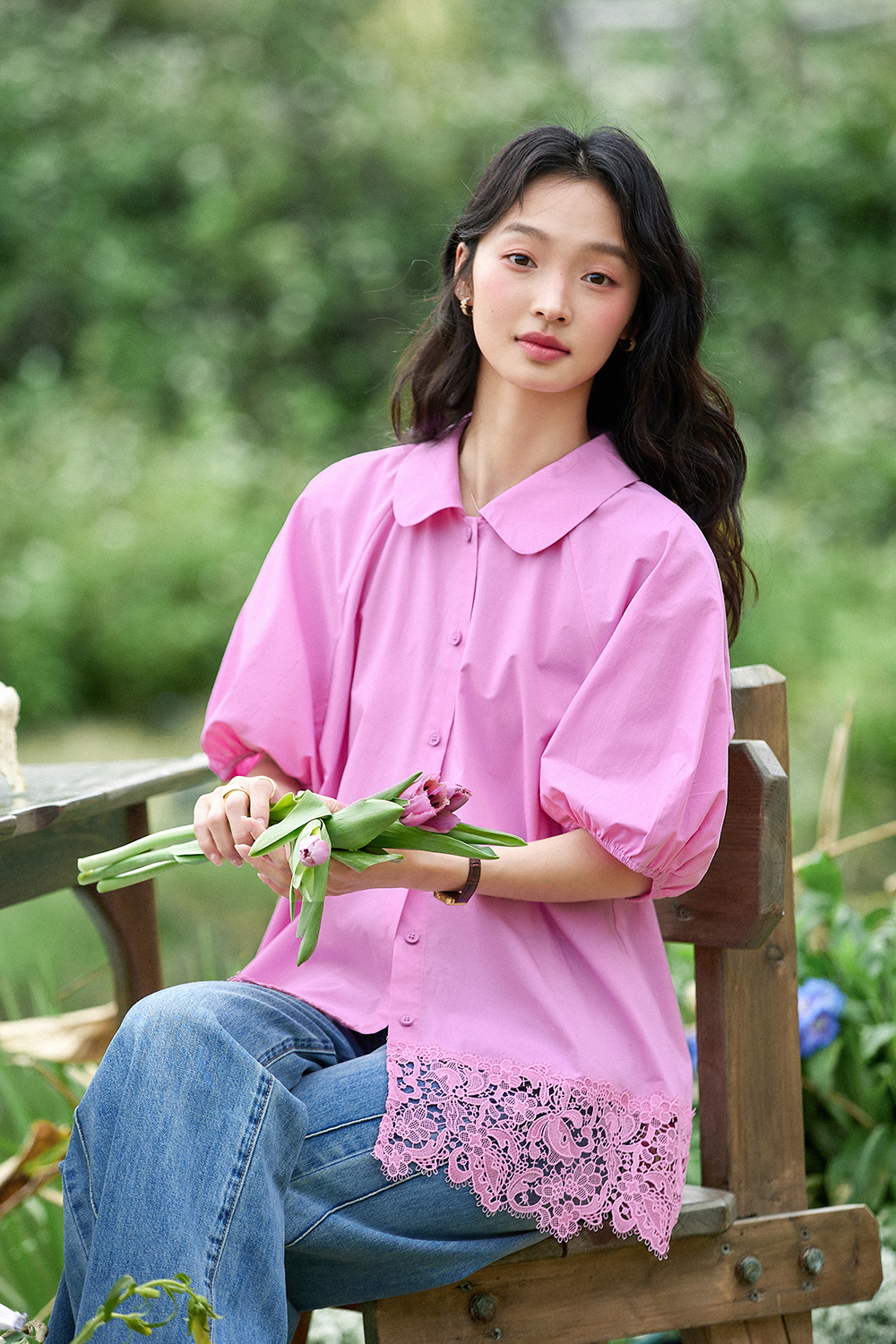 Lace Hem Casual Shirt-VIMLYSTORE