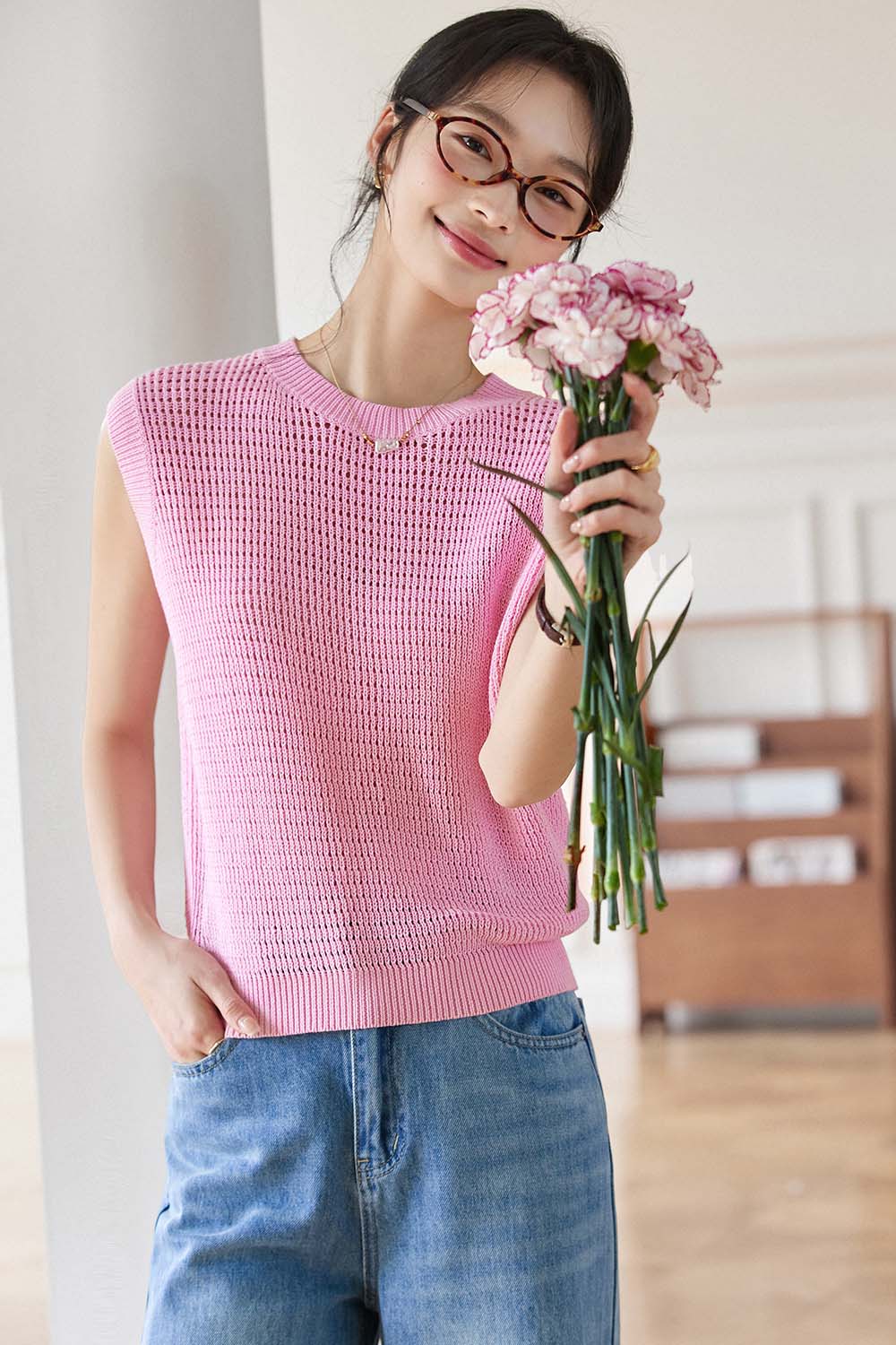 100% Cotton Minimalist Style Hollow Sweater