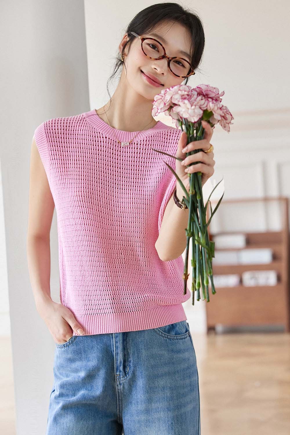 100% Cotton Minimalist Style Hollow Sweater