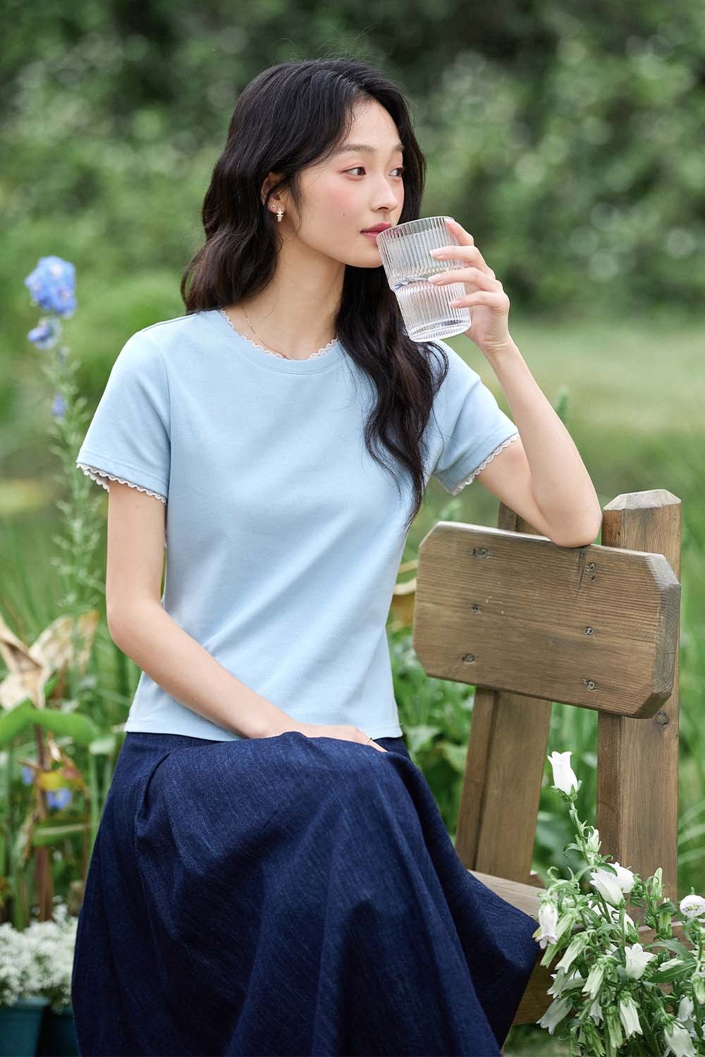 Paneled Round Neck Straight T-Shirt