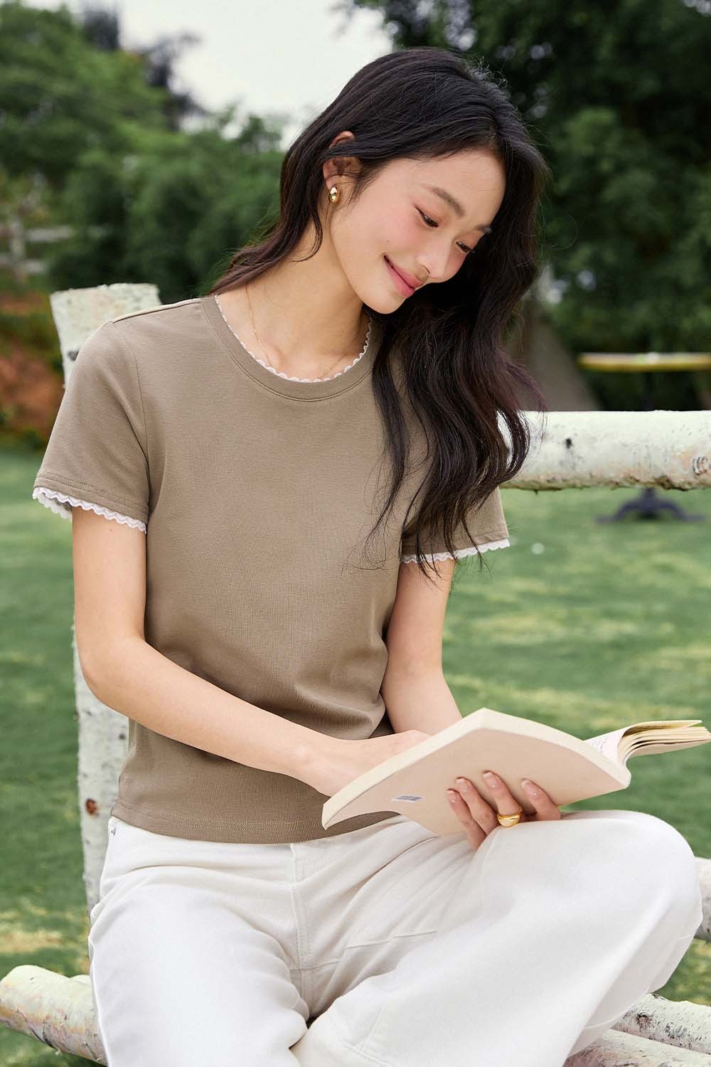 Paneled Round Neck Straight T-Shirt